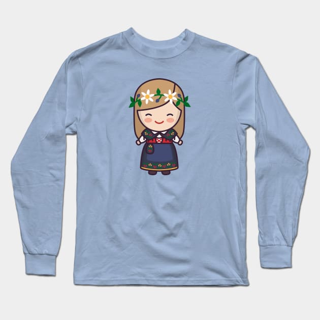 Cute Swedish Village Girl in Traditional Clothing Cartoon Long Sleeve T-Shirt by SLAG_Creative